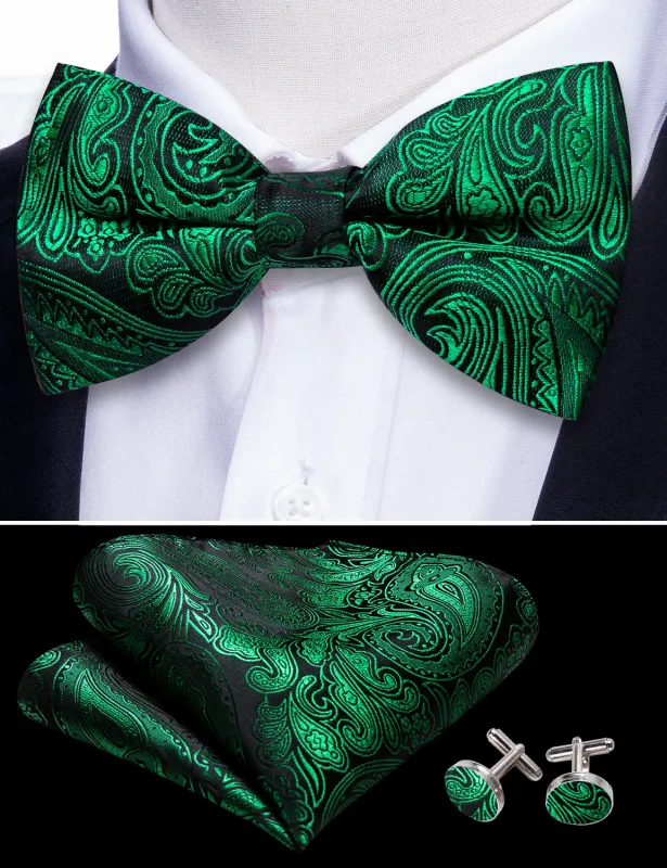 Barry. Wang Emerald Green Bow Tie Paisley Silk Pre-tied Jacquard Bow Tie Pocket Square Cufflinks Set sold by Barrywang