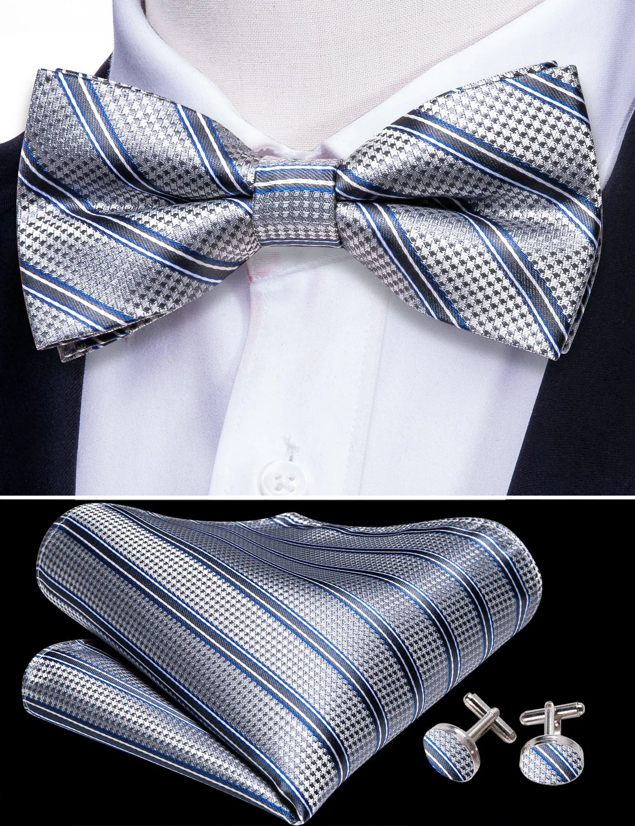 Barry. Wang Silver Striped Bow Tie Pre-tied Tuxedo Formal Bow Tie for Men Hanky Cufflinks Set for Party sold by Barrywang product image thumbnail 3