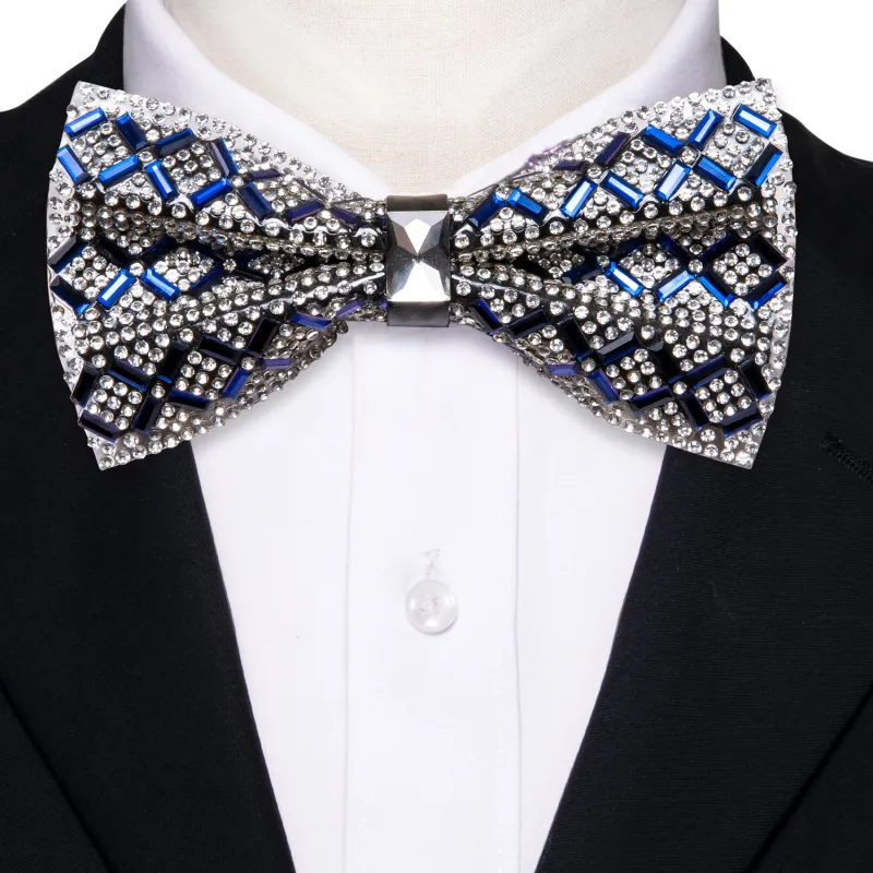 Barry. Wang Blue White Bowtie Plaid Shining Rhinestones Pre-tied Adjustable Bowtie for Wedding Party sold by Barrywang