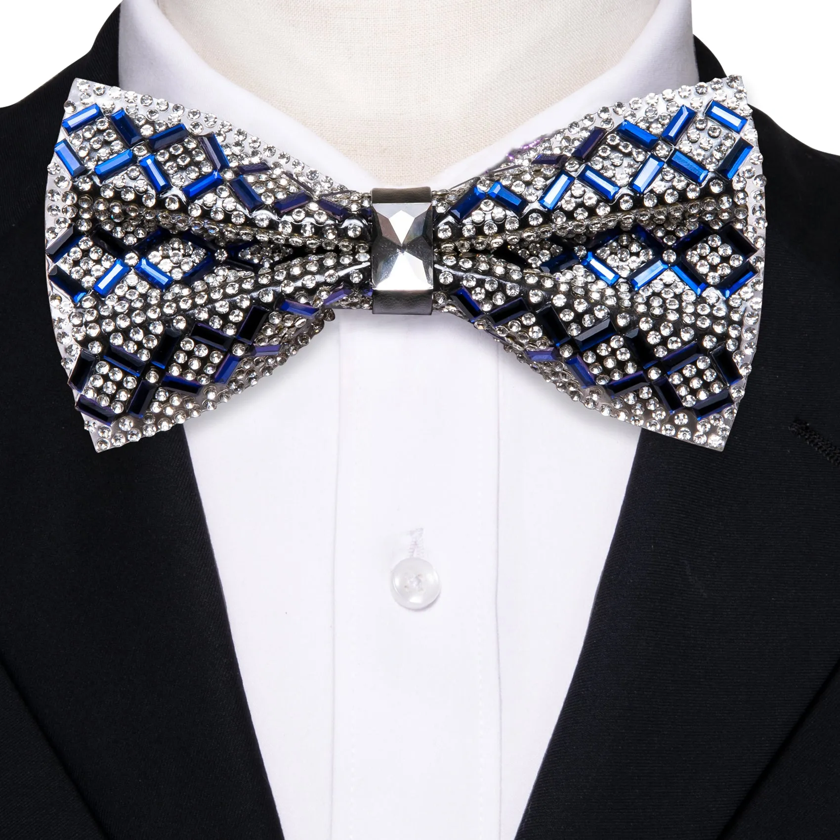 Barry. Wang Blue White Bowtie Plaid Shining Rhinestones Pre-tied Adjustable Bowtie for Wedding Party sold by Barrywang