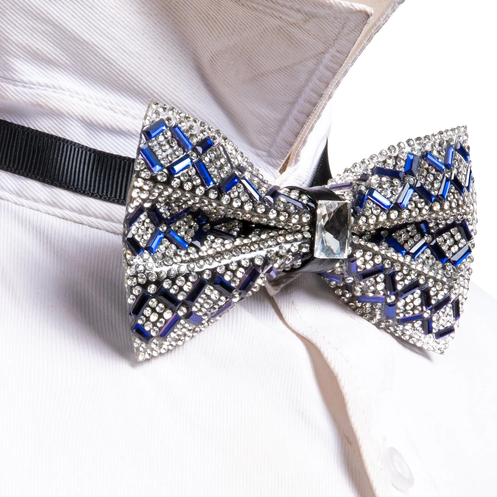 Barry. Wang Blue White Bowtie Plaid Shining Rhinestones Pre-tied Adjustable Bowtie for Wedding Party sold by Barrywang product image thumbnail 2