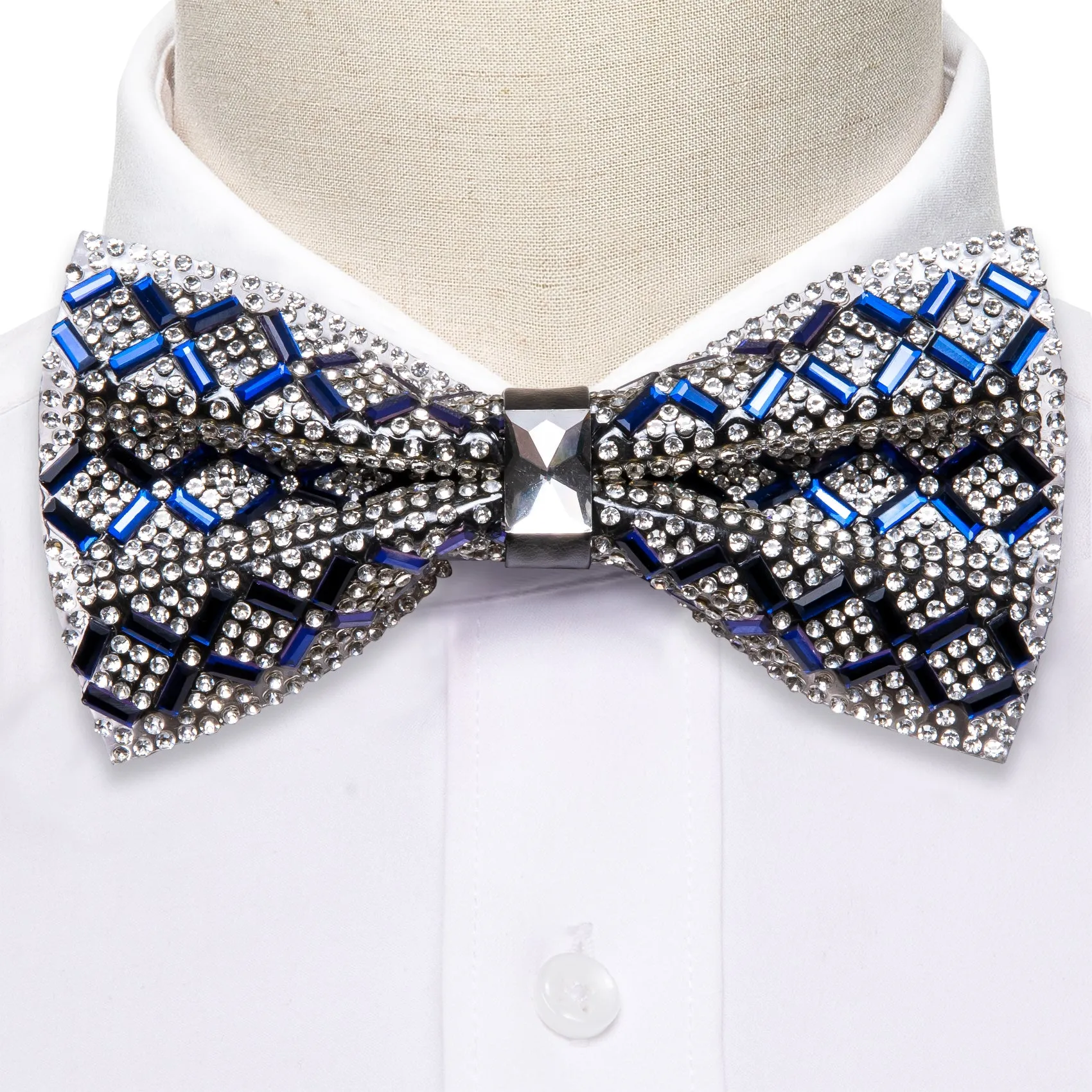 Barry. Wang Blue White Bowtie Plaid Shining Rhinestones Pre-tied Adjustable Bowtie for Wedding Party sold by Barrywang product image thumbnail 3