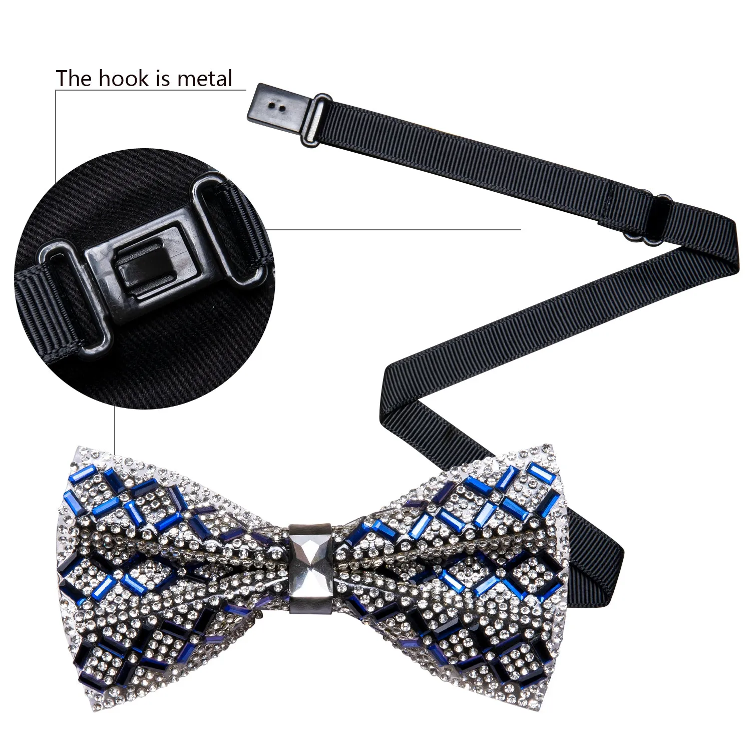 Barry. Wang Blue White Bowtie Plaid Shining Rhinestones Pre-tied Adjustable Bowtie for Wedding Party sold by Barrywang product image thumbnail 4