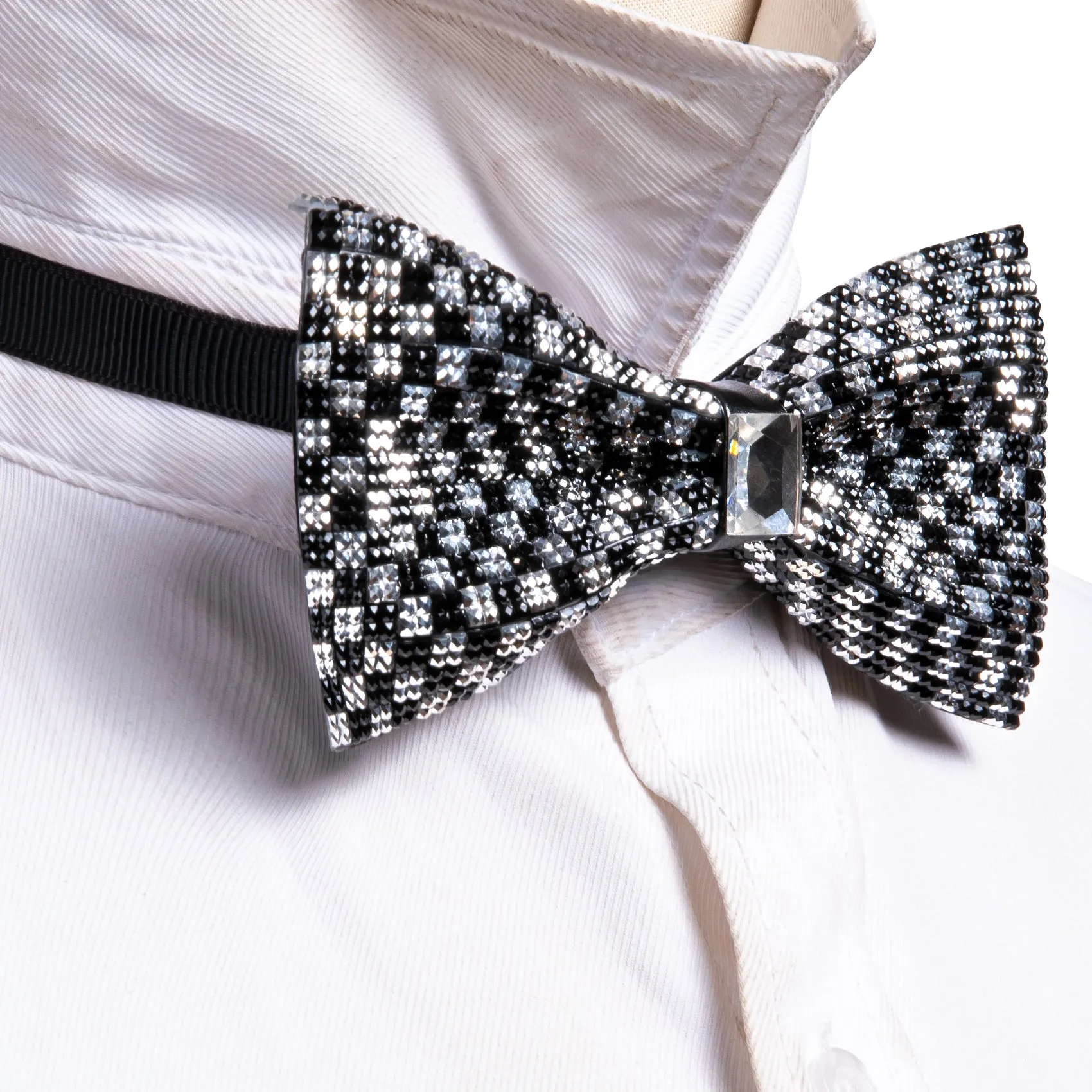 Barry. Wang Black White Bowtie Shining Rhinestones Plaid Adjustable Pre-tied Bowties for Wedding Party sold by Barrywang product image thumbnail 3