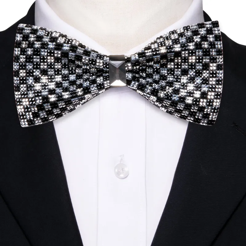 Barry. Wang Black White Bowtie Shining Rhinestones Plaid Adjustable Pre-tied Bowties for Wedding Party sold by Barrywang