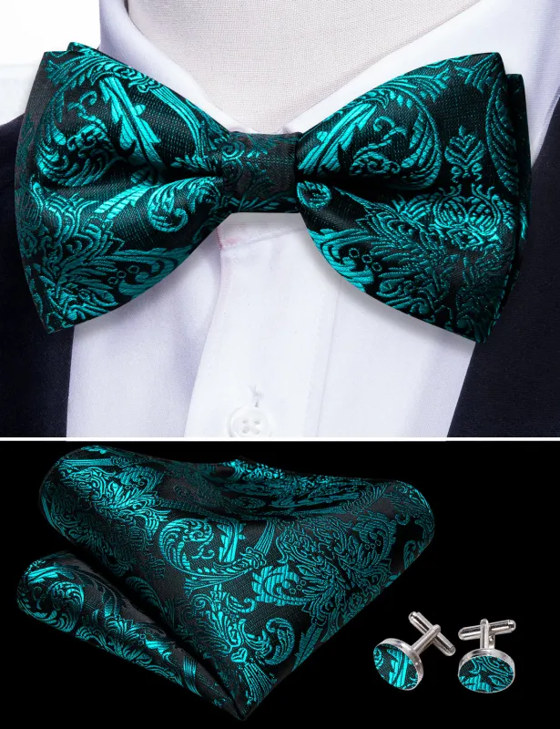Barry. Wang Teal Floral Bow Tie Pocket Square Cufflinks Set Pre-tied Jacquard Bow Tie for Tuxedo Formal sold by Barrywang