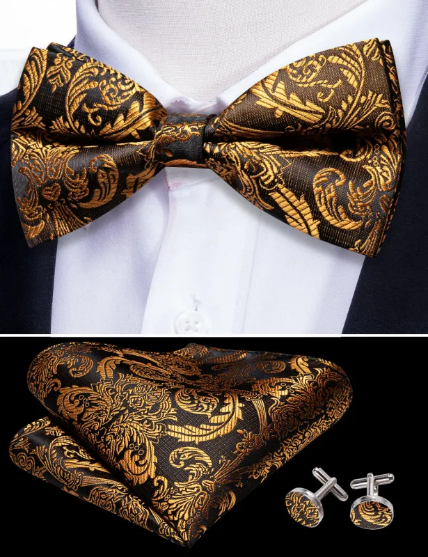 Barry. Wang Gold Brown Bowtie Adjustable Floral Pre-tied Bow Tie Pocket Square Cufflinks Set for Tuxedo sold by Barrywang