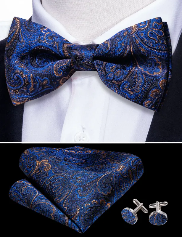 Barry. Wang Navy Blue Bowtie Pocket Square Cufflinks Set Paisley Pre-tied Bow Tie for Wedding Formal sold by Barrywang