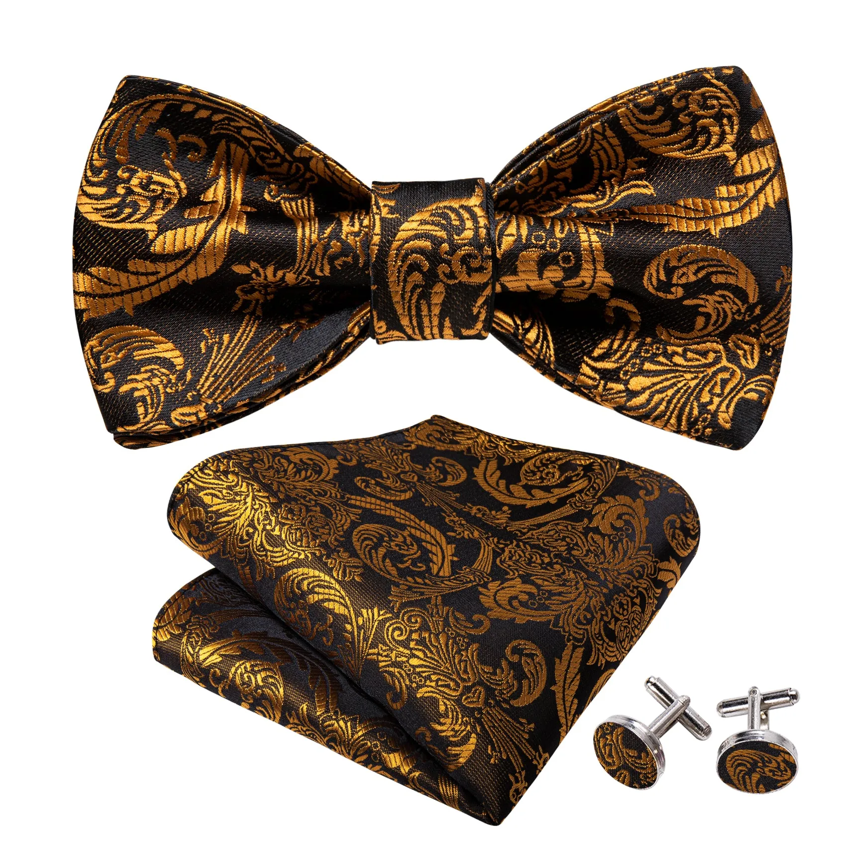 Barry. Wang Gold Paisley Bow Tie Pocket Square Cufflinks Set Silk Self-tied Bow Tie for Tuxedo Party sold by Barrywang product image thumbnail 2
