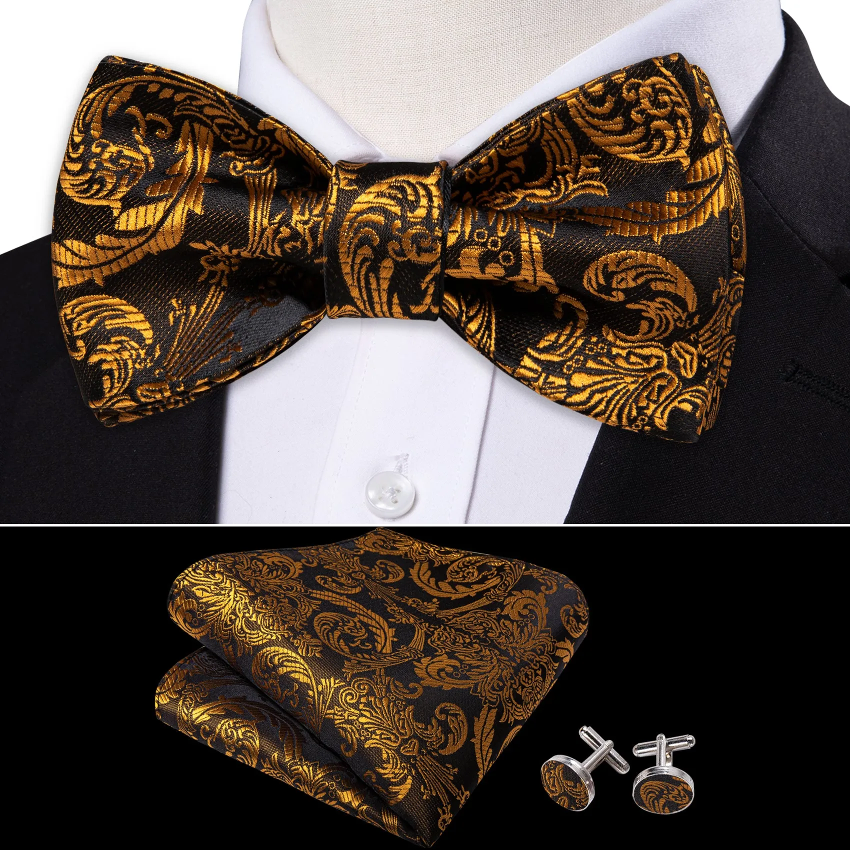 Barry. Wang Gold Paisley Bow Tie Pocket Square Cufflinks Set Silk Self-tied Bow Tie for Tuxedo Party sold by Barrywang product image thumbnail 3
