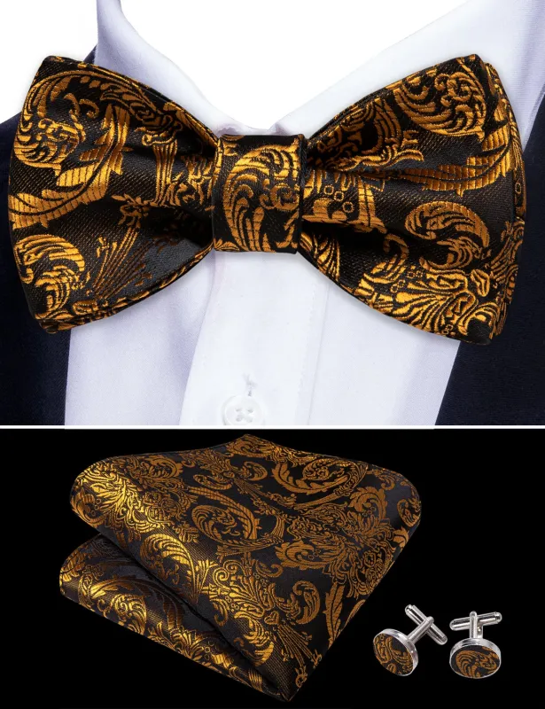 Barry. Wang Gold Paisley Bow Tie Pocket Square Cufflinks Set Silk Self-tied Bow Tie for Tuxedo Party sold by Barrywang