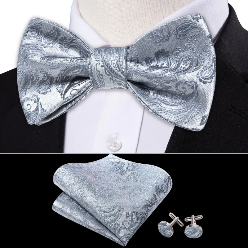 Barry. Wang Silver Paisley Bowtie Men's Paisley Pre-tied Jacquard Bow Tie Hanky Cufflinks Set for Wedding sold by Barrywang