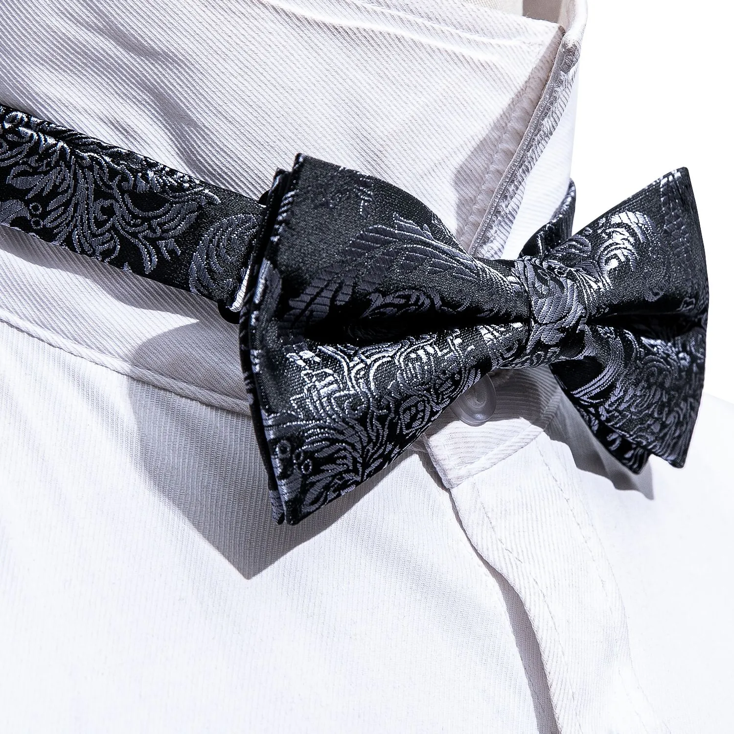 Barry. Wang Black Silver Bow Tie Floral Pre-tied Silk Tuxedo Bow Tie Pocket Square Cufflinks Set sold by Barrywang product image thumbnail 5