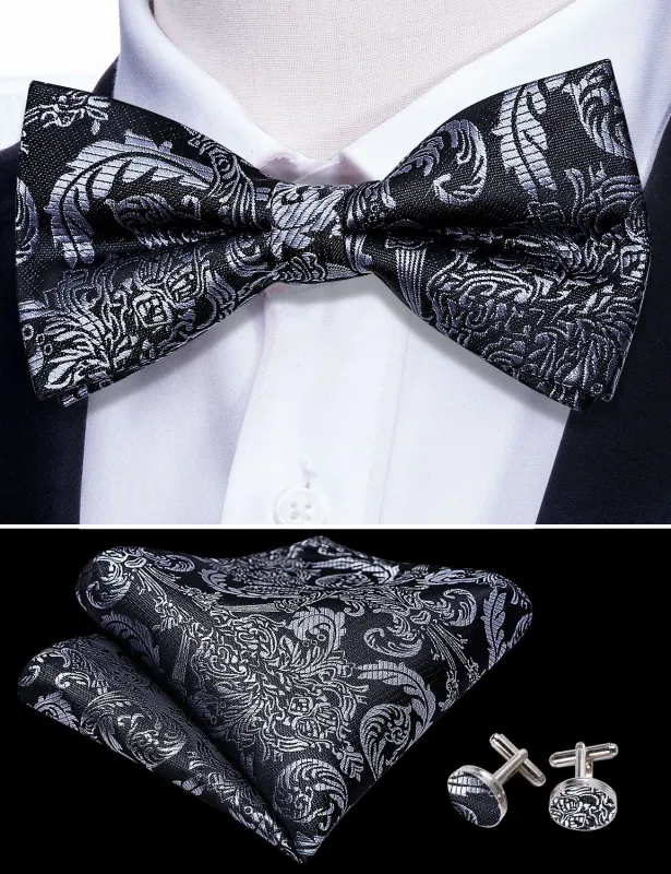Barry. Wang Black Silver Bow Tie Floral Pre-tied Silk Tuxedo Bow Tie Pocket Square Cufflinks Set sold by Barrywang