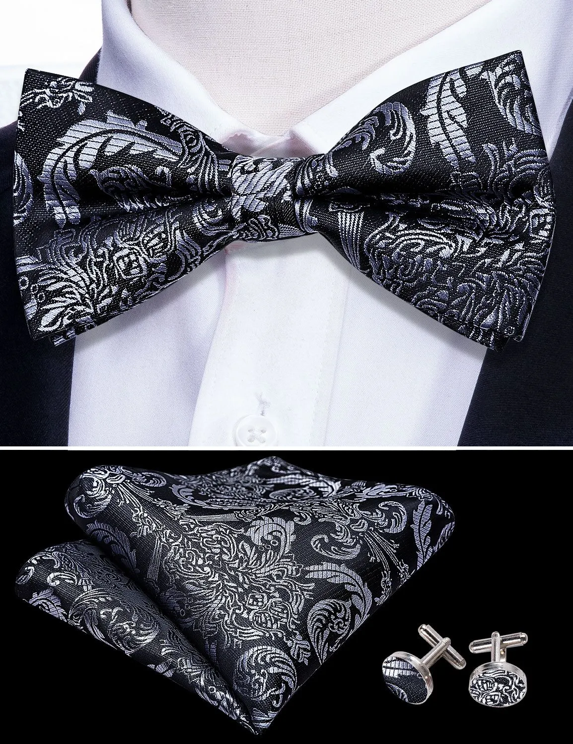 Barry. Wang Black Silver Bow Tie Floral Pre-tied Silk Tuxedo Bow Tie Pocket Square Cufflinks Set sold by Barrywang