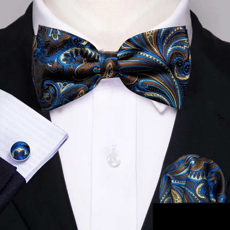 Barry. Wang Blue Brown Bow Tie for Tuxedo Paisley Jacquard Pre-tied Bow Tie Hanky Cufflinks Set for Wedding sold by Barrywang