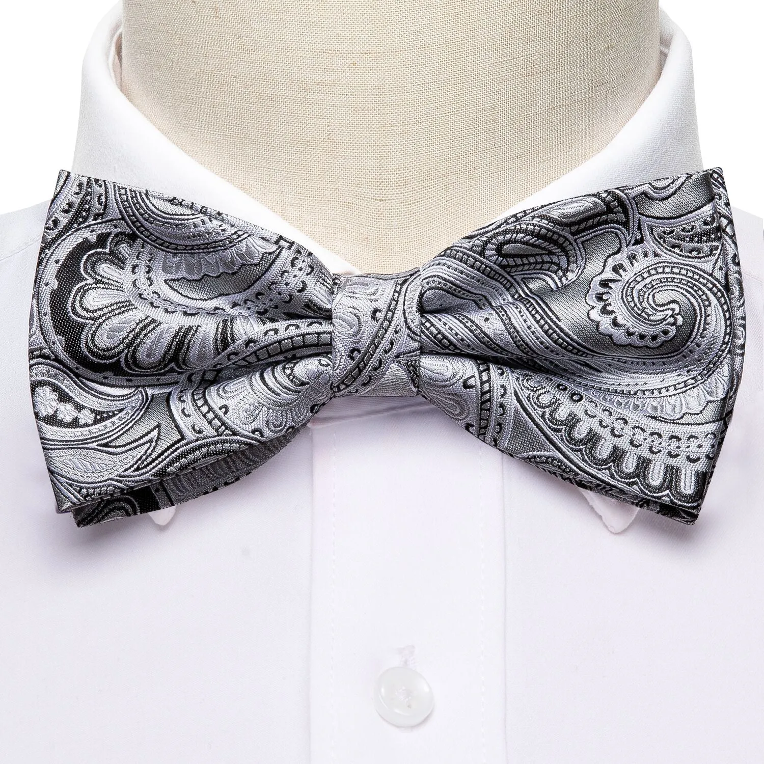 Barry. Wang Grey Bowtie for Men Paisley Jacquard Silk Pre-tied Bow Tie for Wedding Hanky Cufflinks Set sold by Barrywang product image thumbnail 3