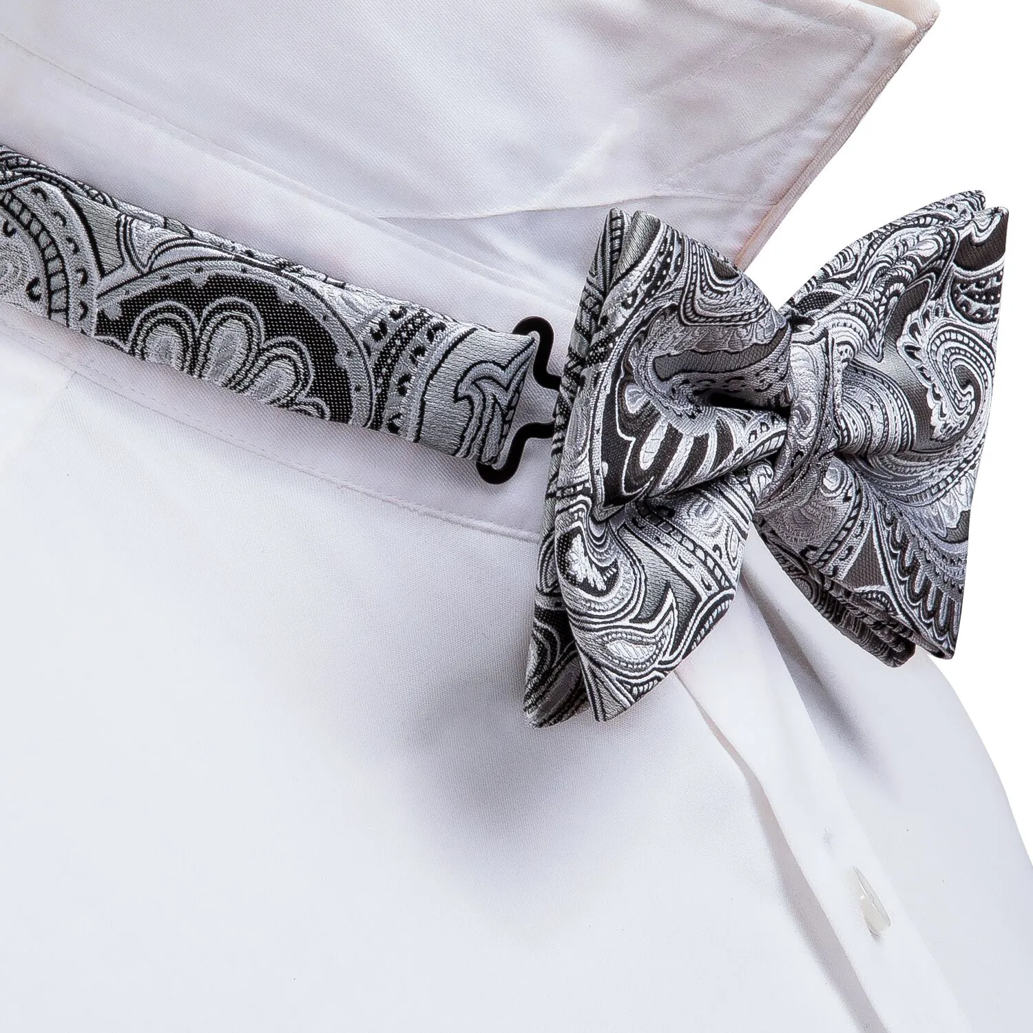 Barry. Wang Grey Bowtie for Men Paisley Jacquard Silk Pre-tied Bow Tie for Wedding Hanky Cufflinks Set sold by Barrywang product image thumbnail 2