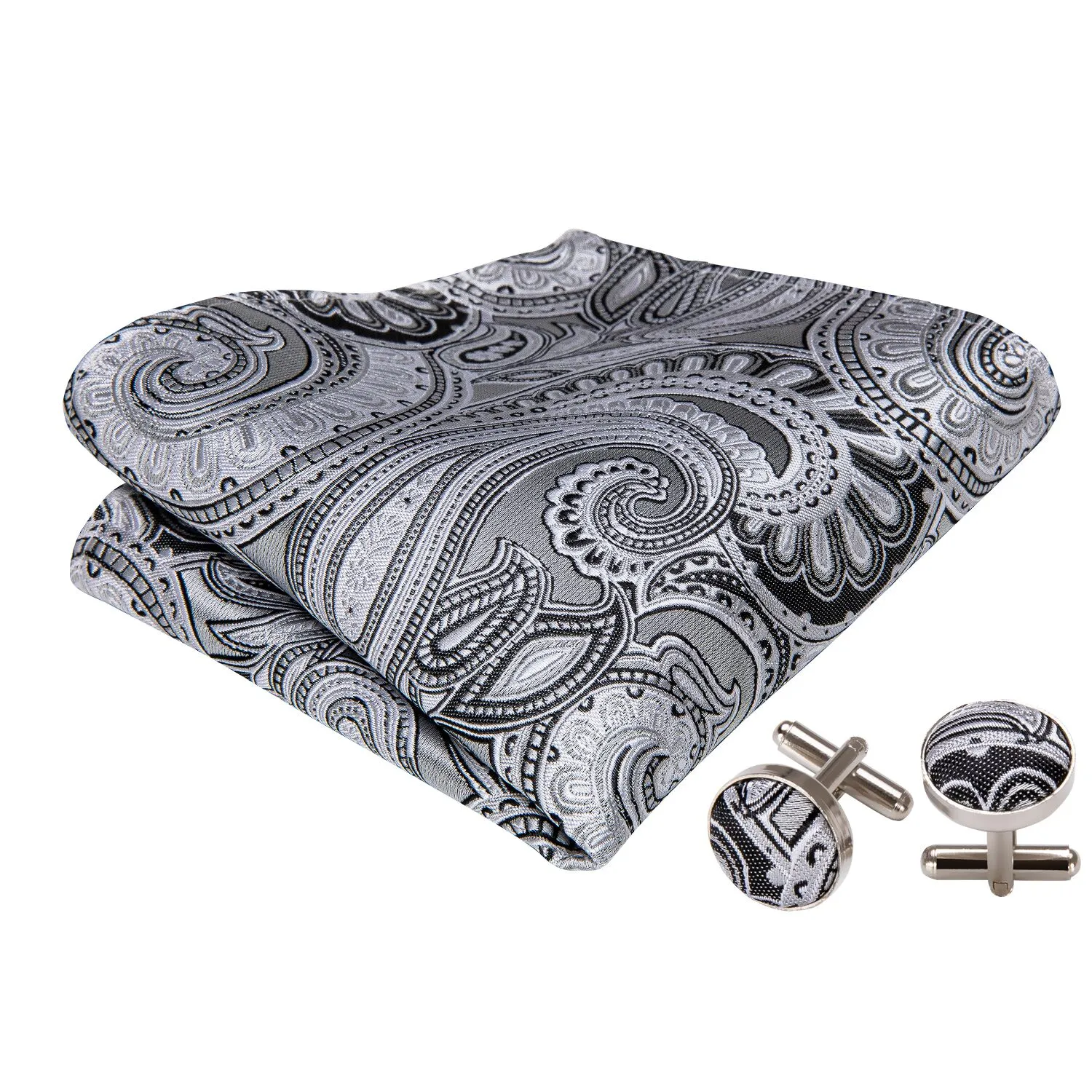 Barry. Wang Grey Bowtie for Men Paisley Jacquard Silk Pre-tied Bow Tie for Wedding Hanky Cufflinks Set sold by Barrywang product image thumbnail 5