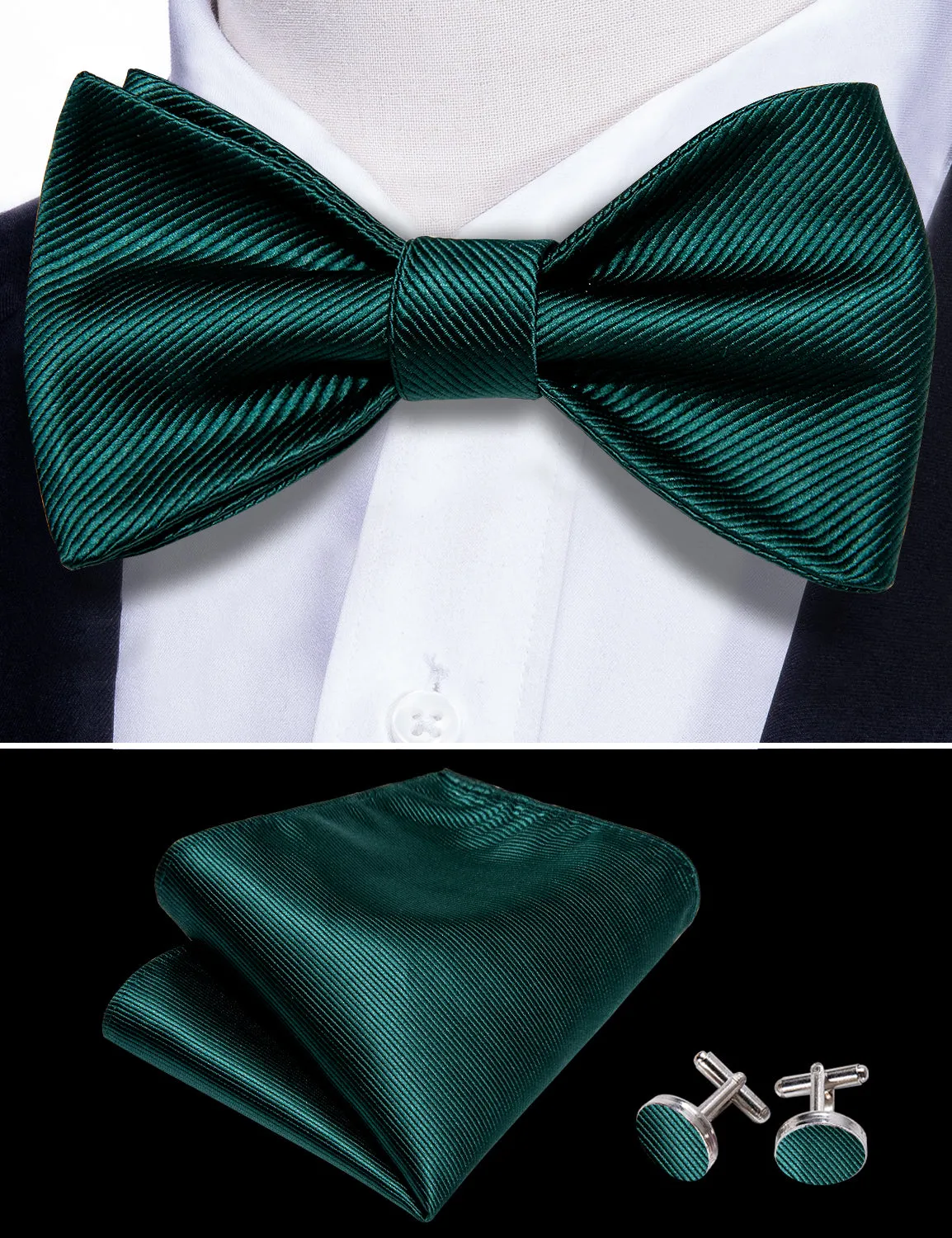 Barry. Wang Hunter Green Bow Tie for Men Solid Jacquard Self-tied Wedding Bowtie Hanky Cufflinks Set sold by Barrywang product image thumbnail 4