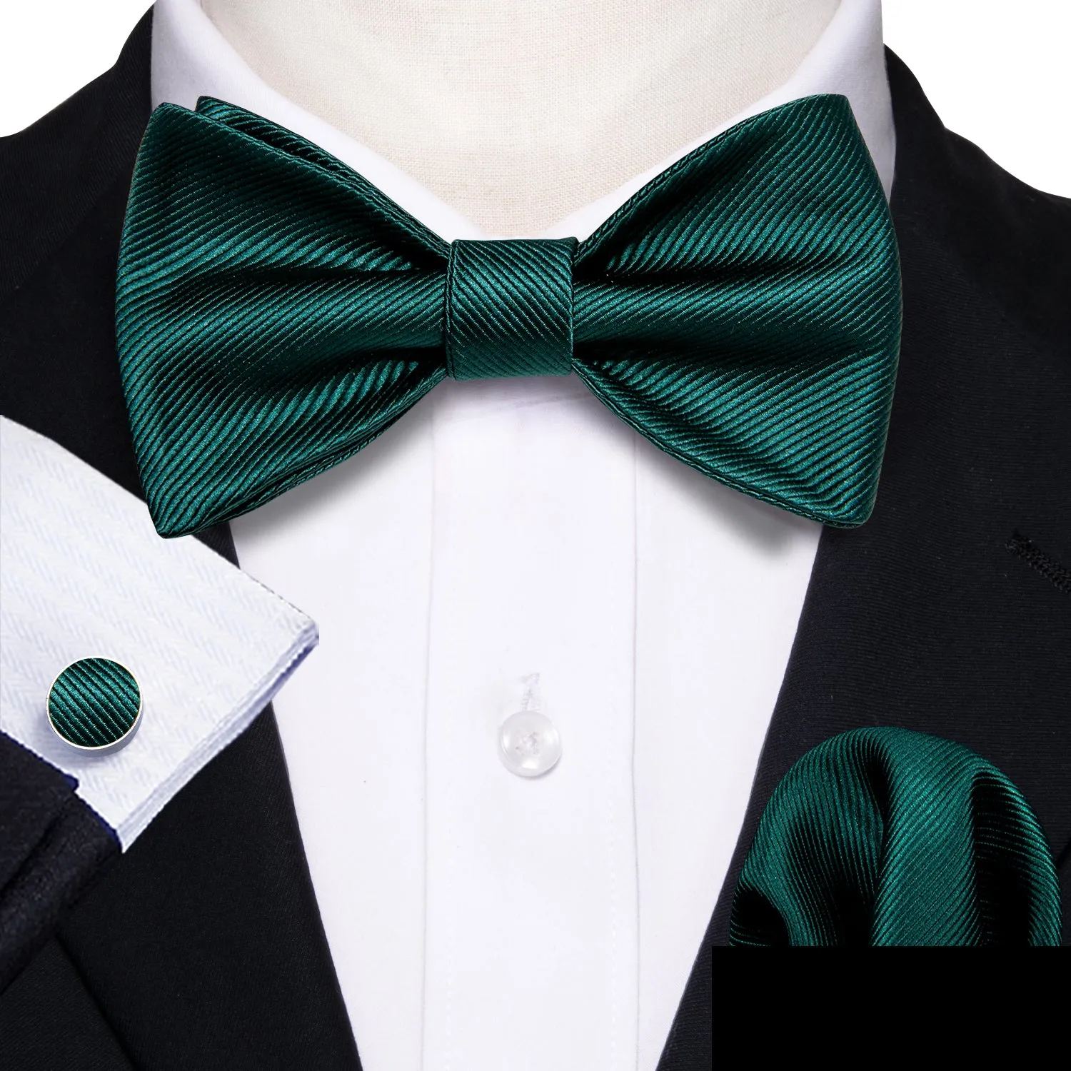 Barry. Wang Hunter Green Bow Tie for Men Solid Jacquard Self-tied Wedding Bowtie Hanky Cufflinks Set sold by Barrywang product image thumbnail 3