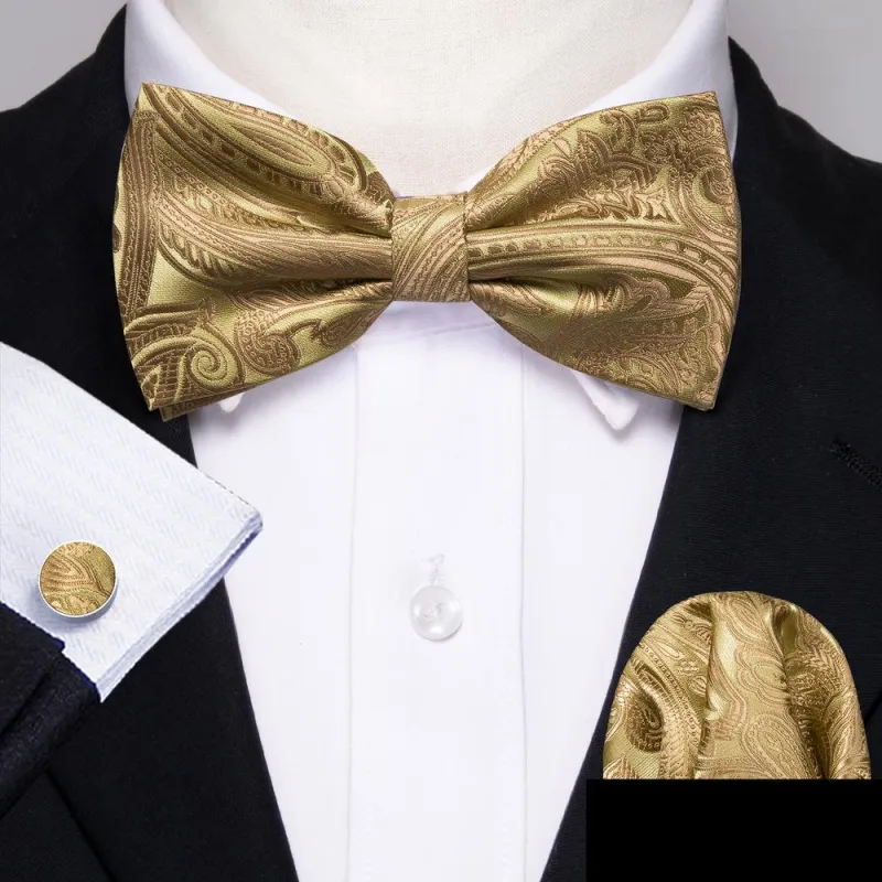 Barry. Wang Gold Floral Bowtie for Men Jacquard Adjustable Pre-tied Tuxedo Bow Tie Hanky Cufflinks Set sold by Barrywang