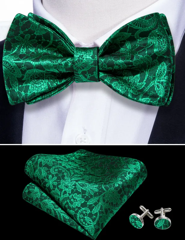 Barry. Wang Emerald Green Bow Tie Floral Jacquard Self-tied Bow Tie Hanky Cufflinks Set for Party sold by Barrywang