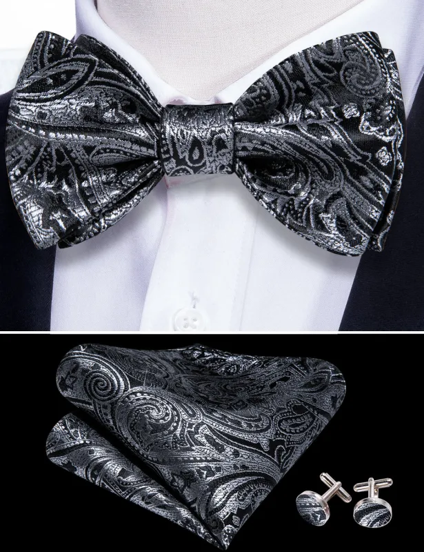 Barry. Wang Grey Paisley Bow Tie for Formal Self-tied Jacquard Wedding Bow Tie Pocket Square Cufflinks Set made by Barrywang