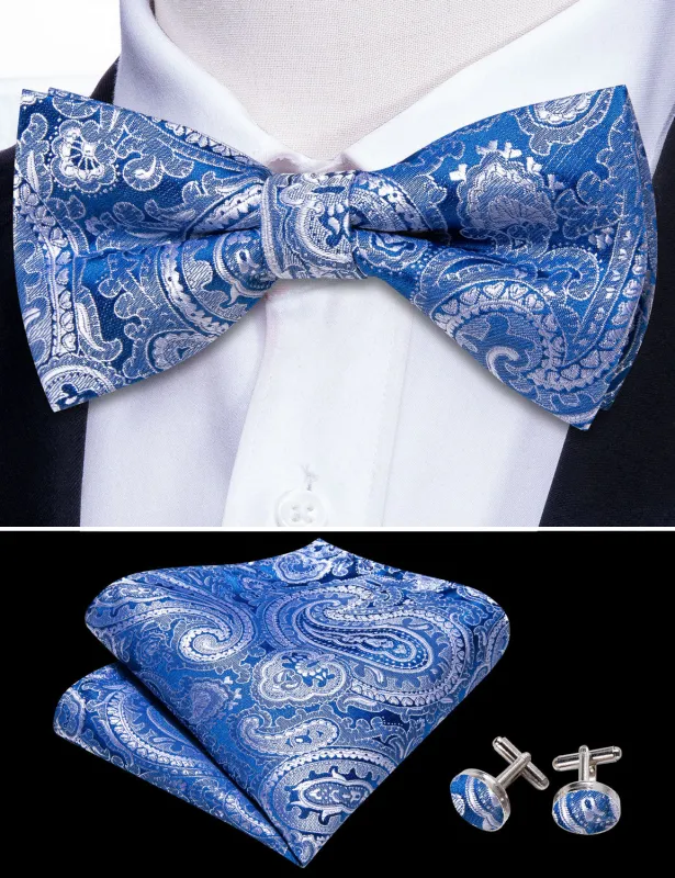 Barry. Wang Sky Blue Bowtie Hanky Cufflinks Set Adjustable Paisley Pre-tied Bow Tie for Wedding made by Barrywang