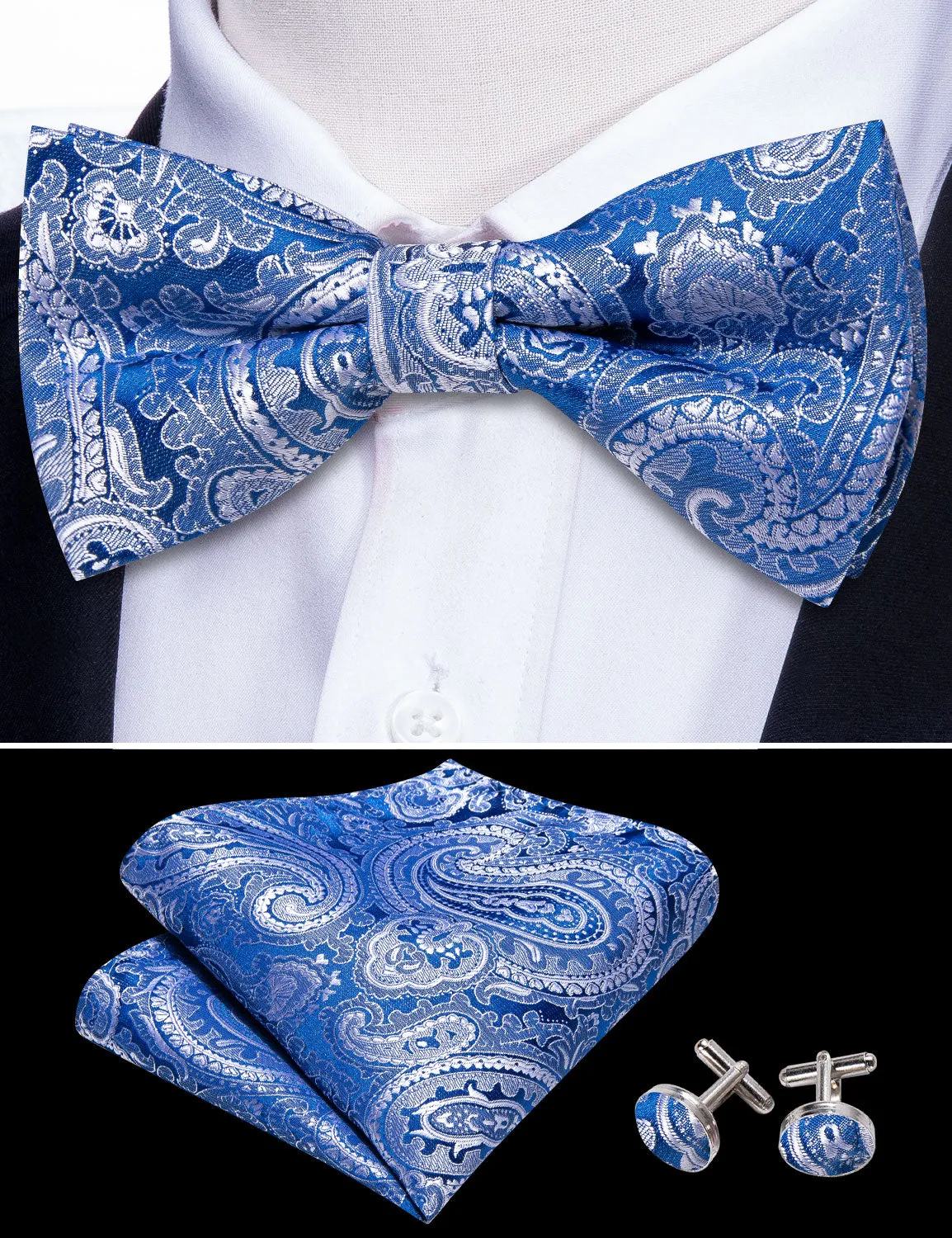 Barry. Wang Sky Blue Bowtie Hanky Cufflinks Set Adjustable Paisley Pre-tied Bow Tie for Wedding sold by Barrywang