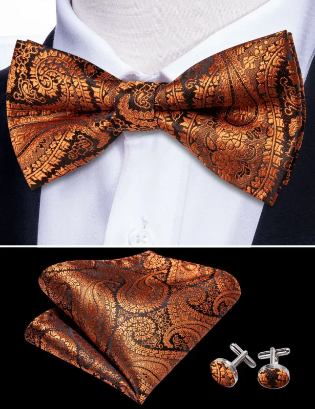 Barry. Wang Orange Paisley Bowtie Pre-tied Jacquard Silk Wedding Bow Tie Hanky Cufflinks Set for Men sold by Barrywang
