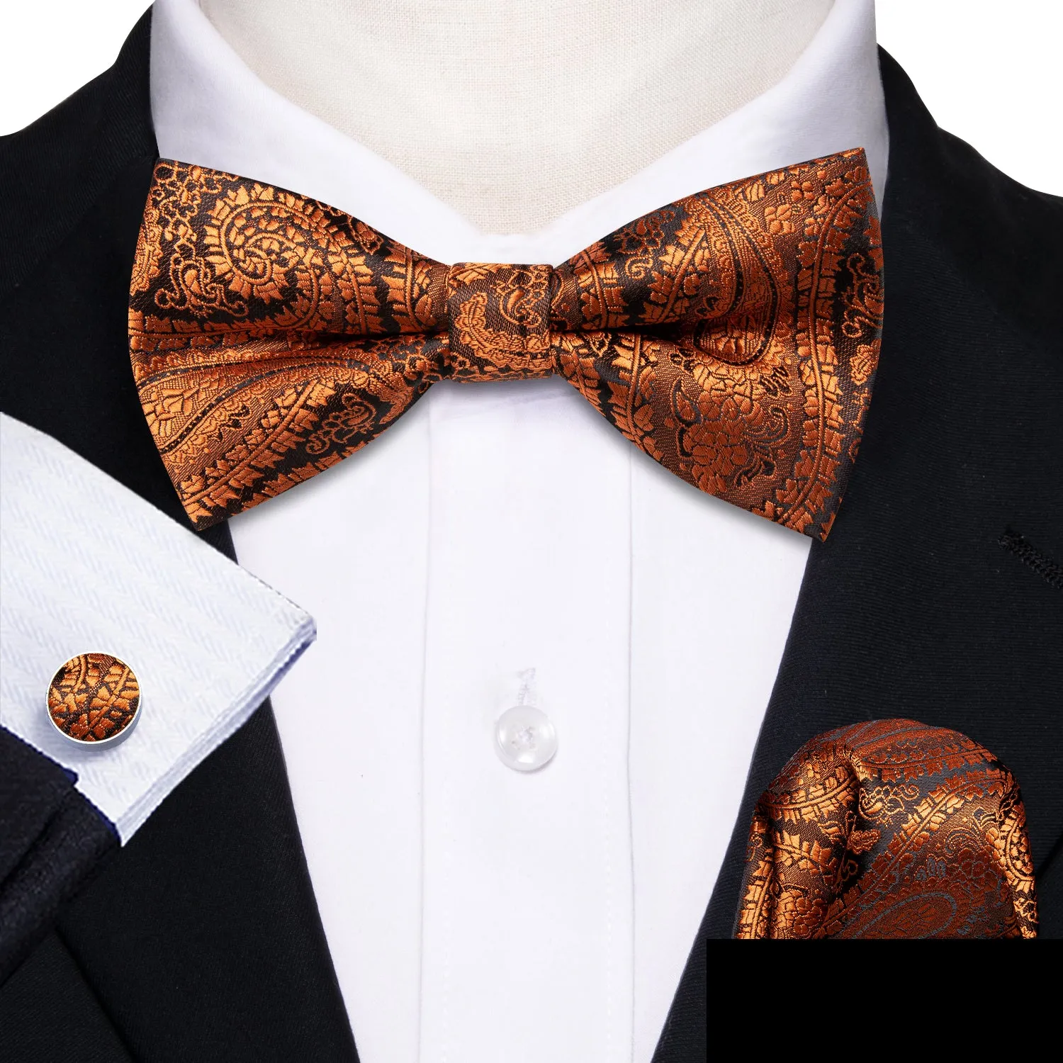 Barry. Wang Orange Paisley Bowtie Pre-tied Jacquard Silk Wedding Bow Tie Hanky Cufflinks Set for Men sold by Barrywang product image thumbnail 3