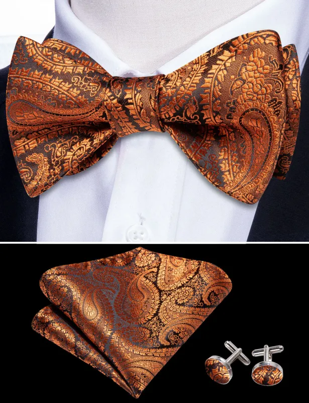 Barry. Wang Burnt Orange Bowtie Paisley Self-tied Bow Tie Pocket Square Cufflinks Set for Business Party sold by Barrywang