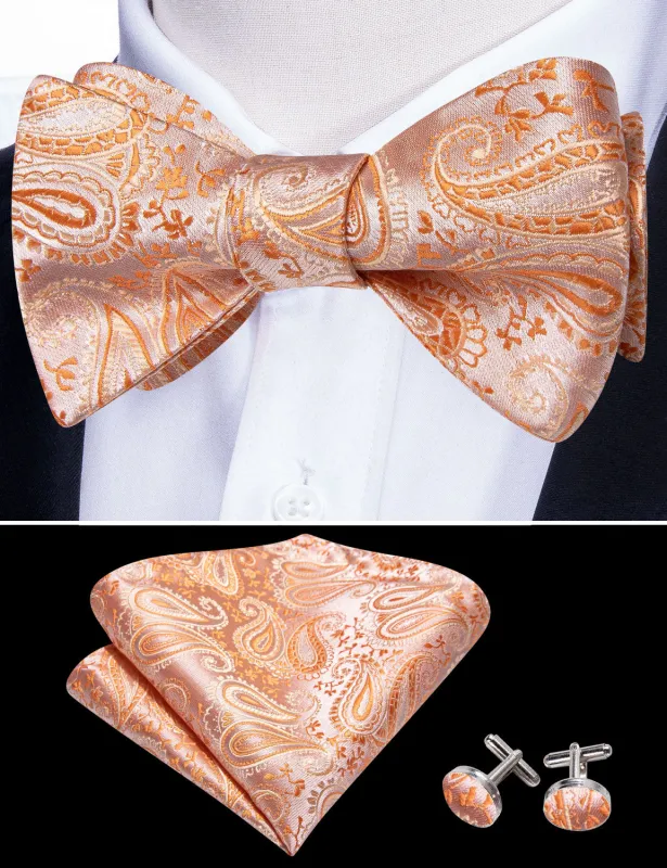 Barry. Wang Peach Puff Bow Tie Pocket Square Cufflinks Set Silk Self-tied Jacquard Wedding Bow Tie sold by Barrywang
