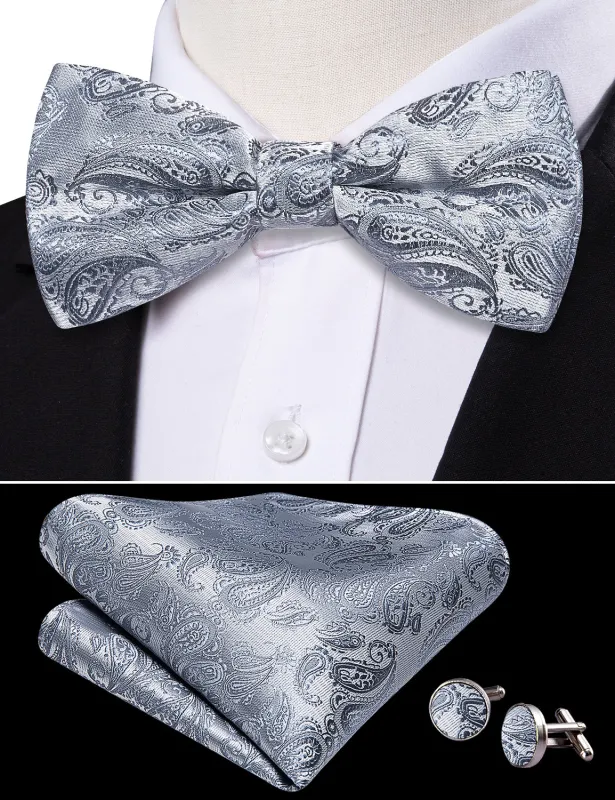 Barry. Wang Silver Bowtie for Wedding Adjustable Paisley Silk Pre-tied Bow Tie Hanky Cufflinks Set sold by Barrywang