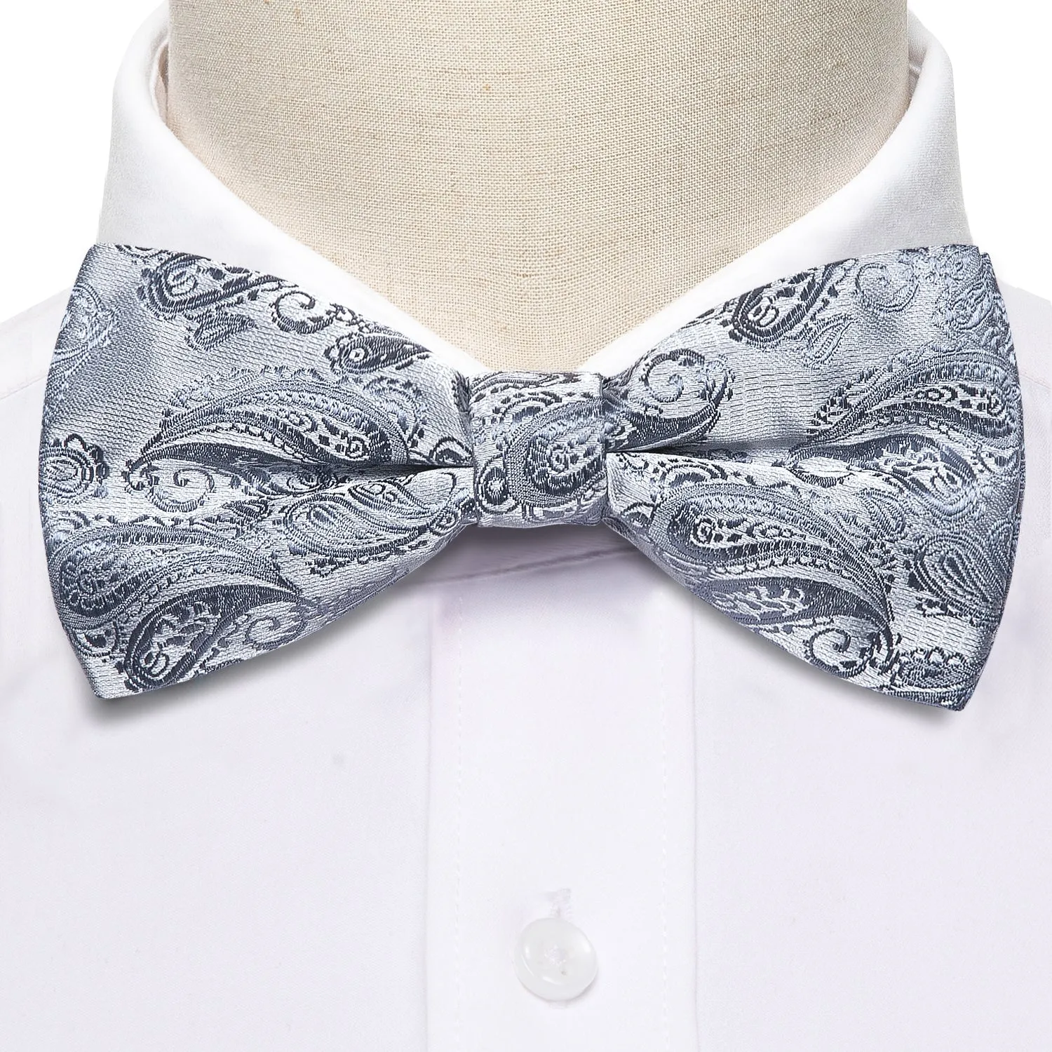 Barry. Wang Silver Bowtie for Wedding Adjustable Paisley Silk Pre-tied Bow Tie Hanky Cufflinks Set sold by Barrywang product image thumbnail 5