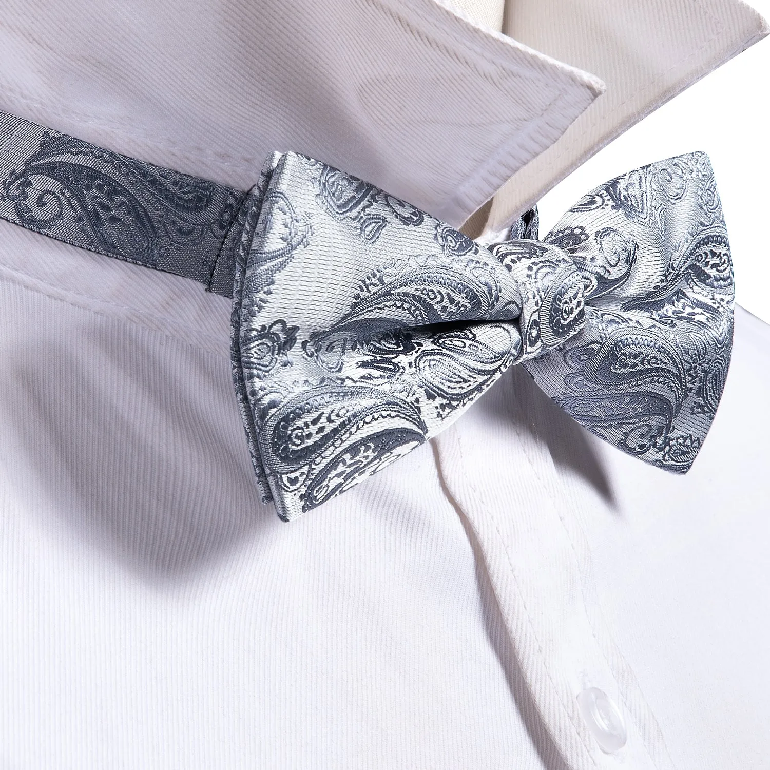 Barry. Wang Silver Bowtie for Wedding Adjustable Paisley Silk Pre-tied Bow Tie Hanky Cufflinks Set sold by Barrywang product image thumbnail 4