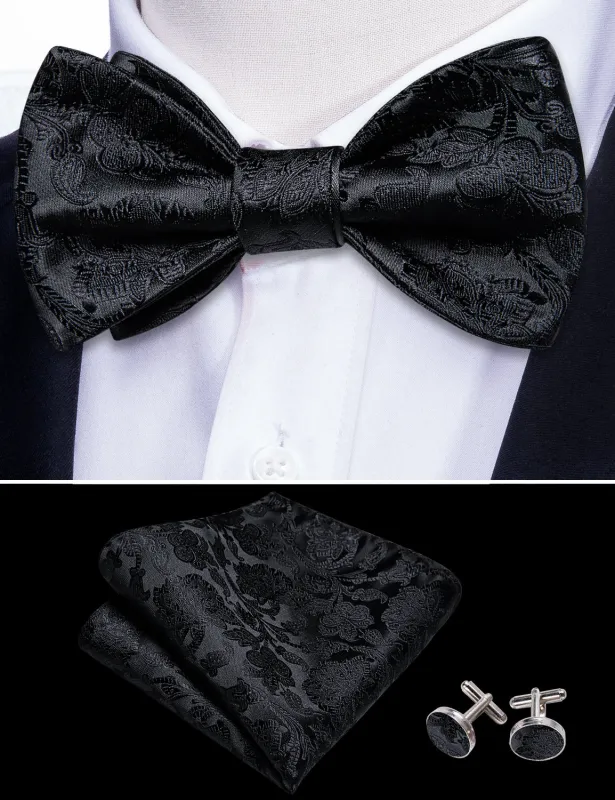 Barry. Wang Black Floral Bowtie Solid Jacquard Men's Self-tied Bow Tie Hanky Cufflinks Set for Business Party sold by Barrywang
