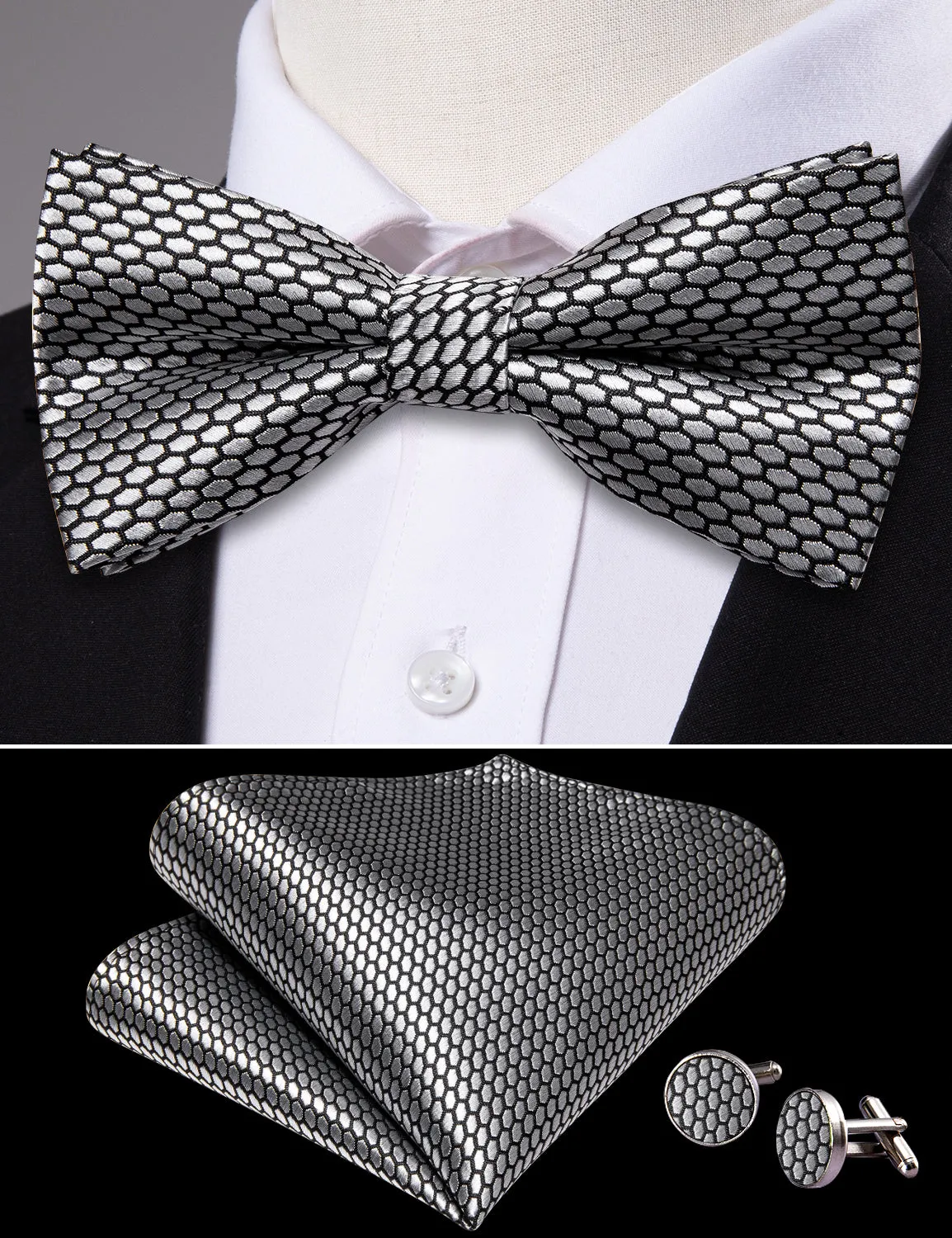 Barry. Wang Silver Geometry Bowtie Set Silk Pre-tied Bow Tie For Wedding Business sold by Barrywang