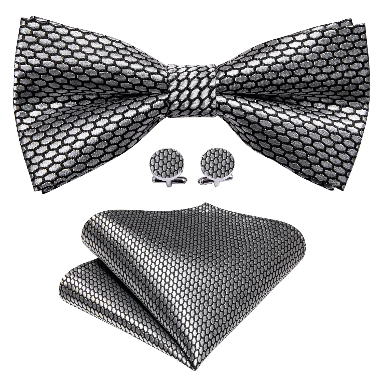 Barry. Wang Silver Geometry Bowtie Set Silk Pre-tied Bow Tie For Wedding Business sold by Barrywang product image thumbnail 2