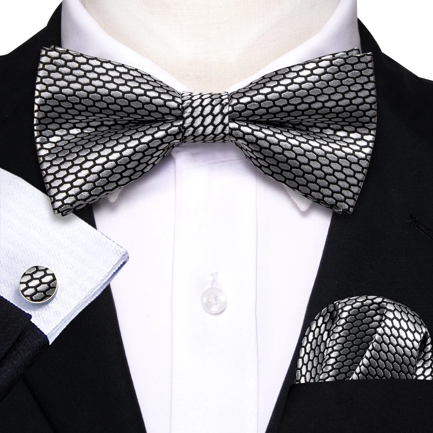 Barry. Wang Silver Geometry Bowtie Set Silk Pre-tied Bow Tie For Wedding Business sold by Barrywang product image thumbnail 3