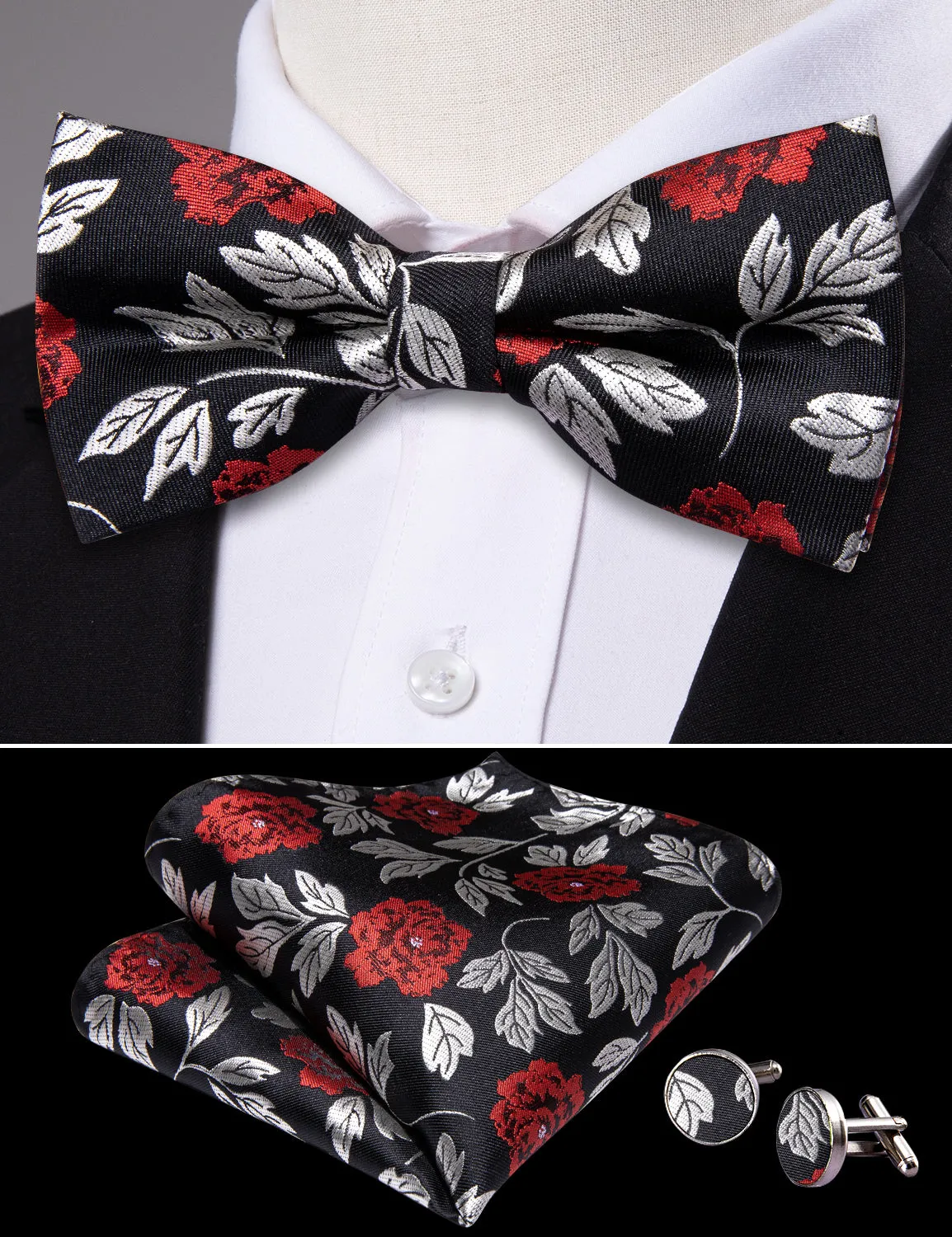 Barry. Wang Black Bow Tie Hanky Cufflinks Set Paisley Pre-tied Adjustable Bow Tie for Party Wedding sold by Barrywang