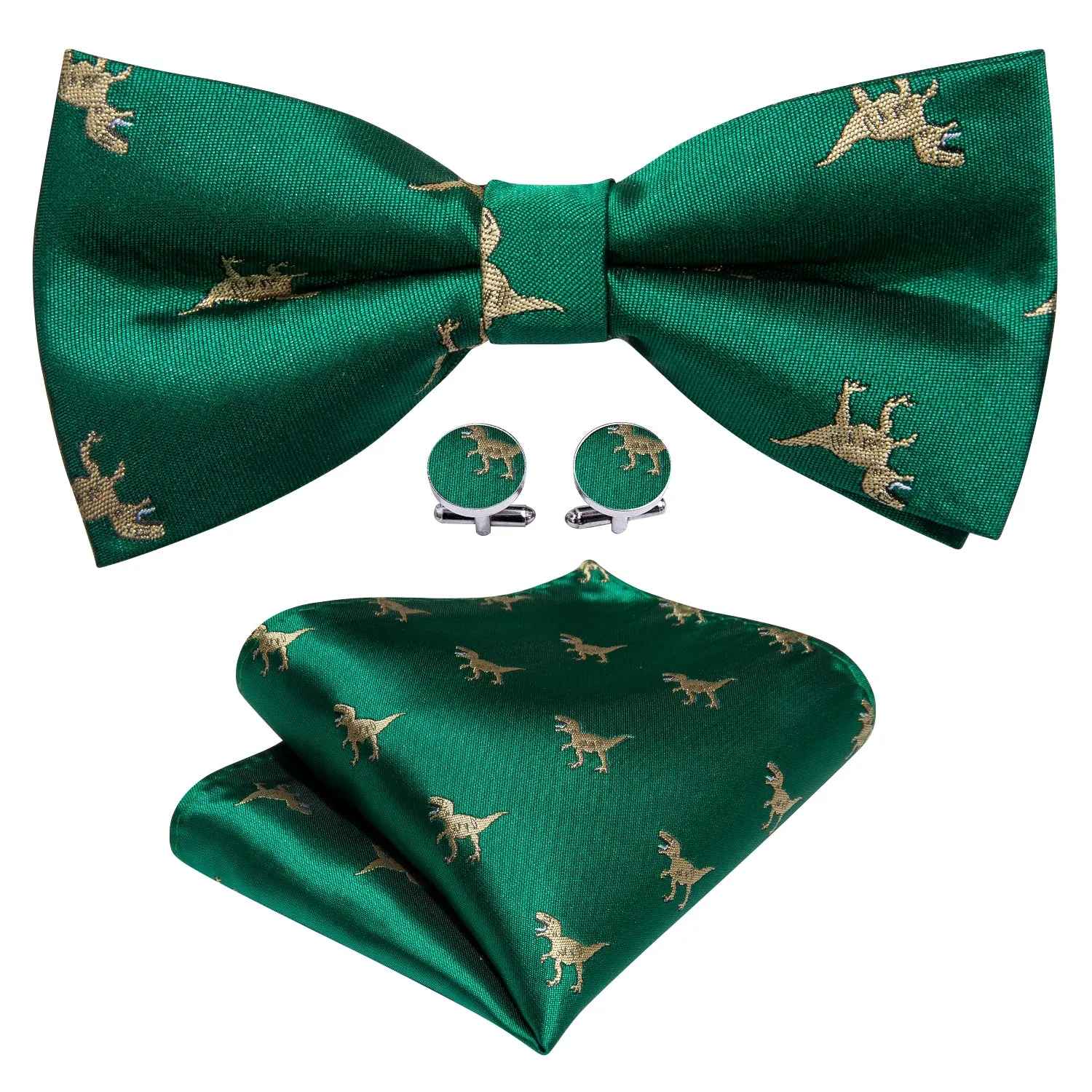 Barry. Wang Green Bowtie Pocket Square Cufflinks Set Dinosaur Pre-tied Silk Men's Party Bow Tie sold by Barrywang product image thumbnail 2
