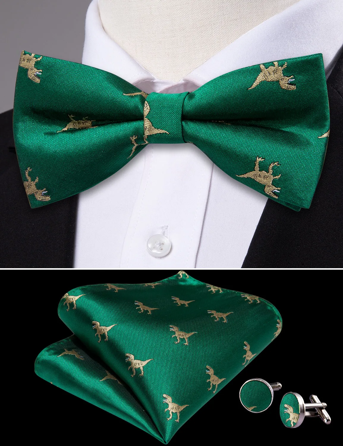 Barry. Wang Green Bowtie Pocket Square Cufflinks Set Dinosaur Pre-tied Silk Men's Party Bow Tie sold by Barrywang