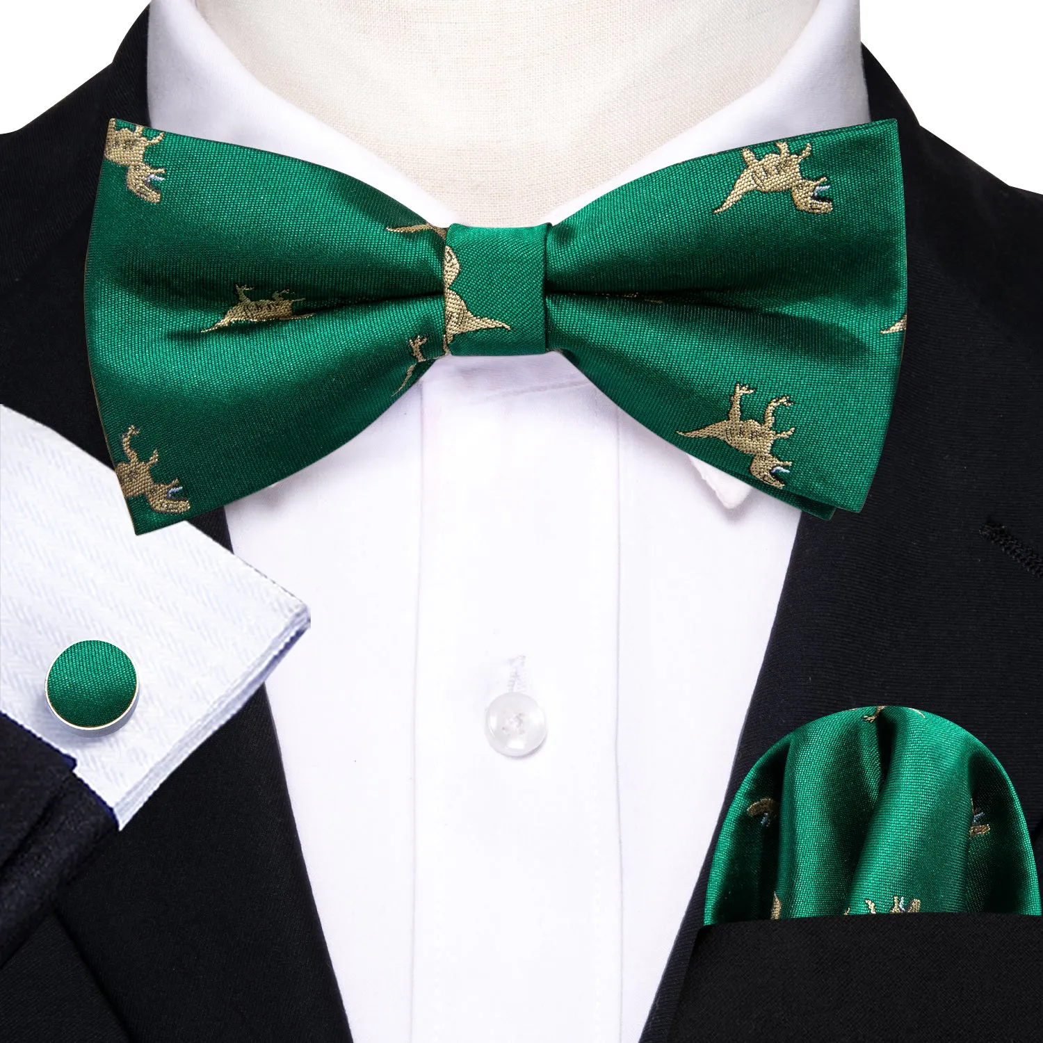 Barry. Wang Green Bowtie Pocket Square Cufflinks Set Dinosaur Pre-tied Silk Men's Party Bow Tie sold by Barrywang product image thumbnail 3