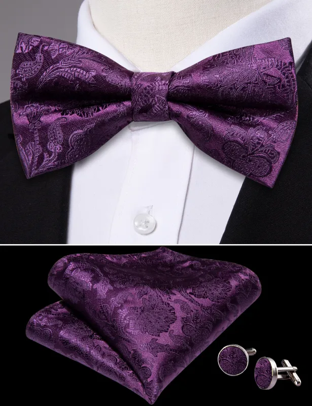 Barry. Wang Grape Purple Bowtie for Men Paisley Jacquard Pre-tied Bow Tie Hanky Cufflinks Set for Formal sold by Barrywang