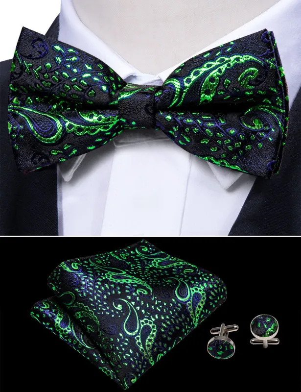 Barry. Wang Black Green Bowtie Hanky Cufflinks Set Silk Paisley Pre-tied Bow Tie For Party Wedding sold by Barrywang