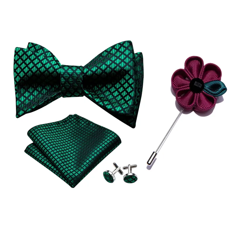 Barry. Wang Hunter Green Bow Tie for Men Solid Jacquard Self-tied Wedding Bowtie Hanky Cufflinks Set sold by Barrywang