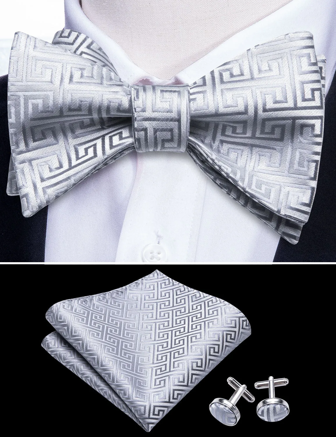 Barry. Wang Silver Bowtie Set for Men Novetly Plaid Self-tied Silk Bow Tie Hanky Cufflinks Set for Formal sold by Barrywang product image thumbnail 3