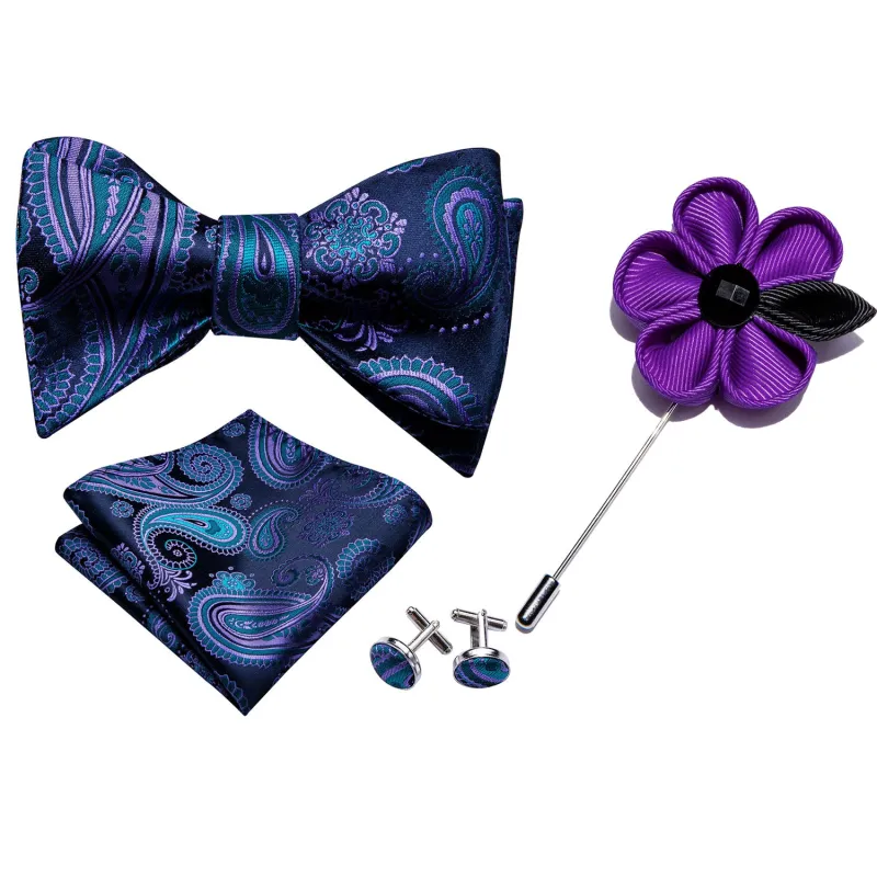 Barry. Wang Classic Blue Bow Tie for Men Paisley Jacquard Silk Self-tied Bow Tie Hanky Cufflinks Set sold by Barrywang